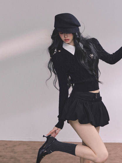 少也眼 Elegant Aesthetic Faux Two-Piece Long Sleeve Knit Sweater