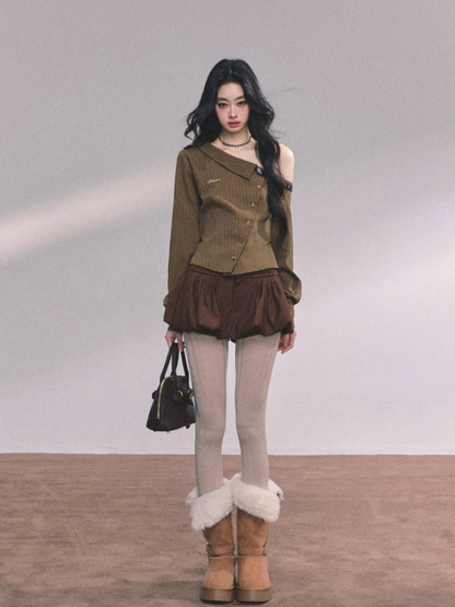 少也眼 Elegant American-Style Off-Shoulder Striped Shirt