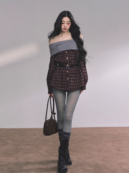 少也眼 Tipsy Marguerite Off-Shoulder Plaid Layered Look Top
