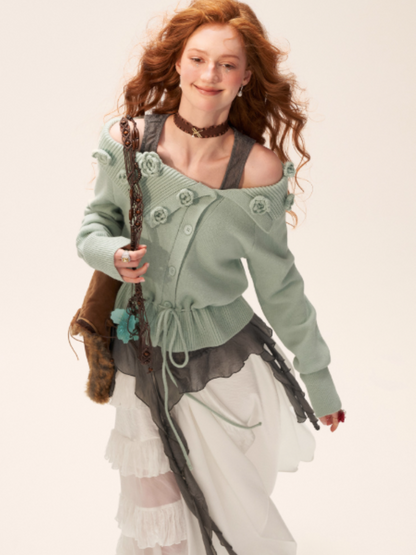 MAMC - Off-Shoulder Rose Button Knit Cardigan (Mint Green)