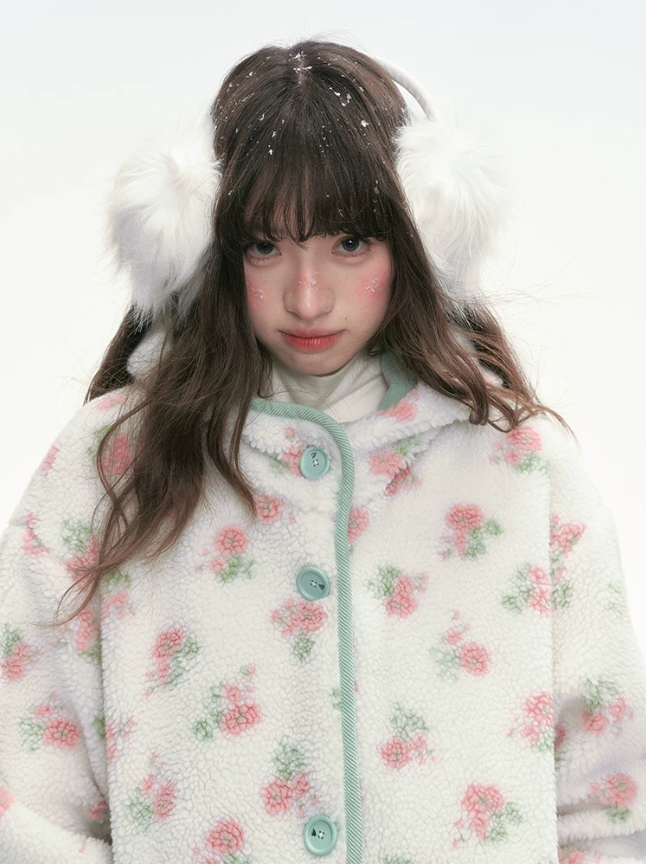 CANSTORE - Pink Floral Sherpa Hooded Jacket with Quilted Padding