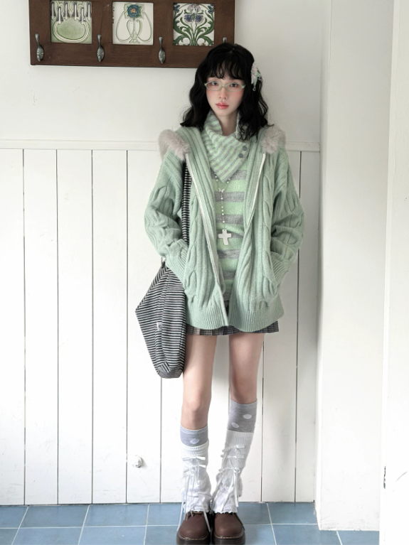 KYOUKO - Mint Green Gray Striped Knit Top with Detachable Collar