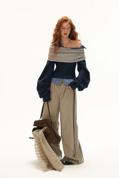 MAMC - Deconstructed Gingham Sweatshirt with Off-Shoulder Ruched Detail