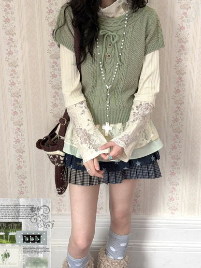 KYOUKO - Leaf Green Knit Top, White Ribbed Tee & Denim Blue Polka-Dot Skirt Set