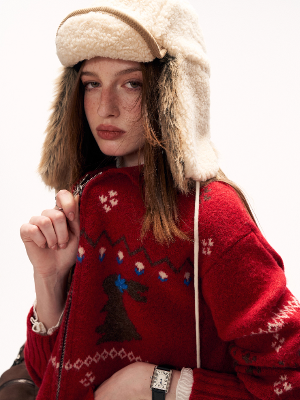 MAMC - Cozy Snowflake Bunny Knit Cardigan – Red WE873