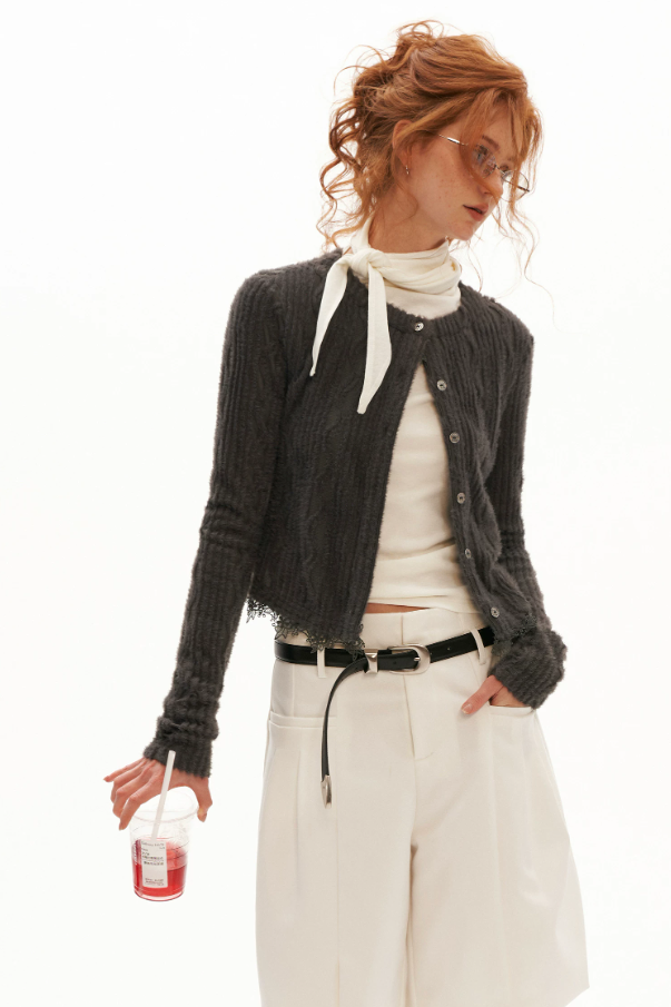 MAMC - Mocha Fuzzy Diamond-Texture Lace Knit Cardigan (Brown / Gray / Beige)