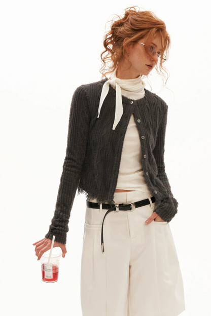 MAMC - Mocha Fuzzy Diamond-Texture Lace Knit Cardigan (Brown / Gray / Beige)