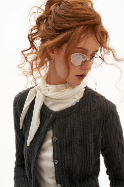 MAMC - Mocha Fuzzy Diamond-Texture Lace Knit Cardigan (Brown / Gray / Beige)