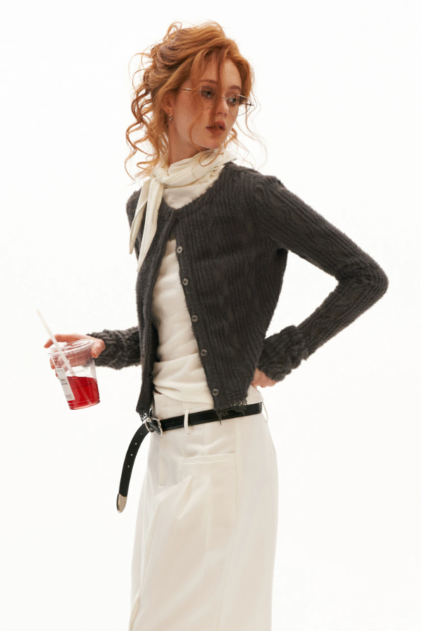 MAMC - Mocha Fuzzy Diamond-Texture Lace Knit Cardigan (Brown / Gray / Beige)
