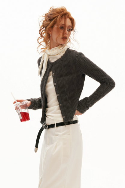 MAMC - Mocha Fuzzy Diamond-Texture Lace Knit Cardigan (Brown / Gray / Beige)