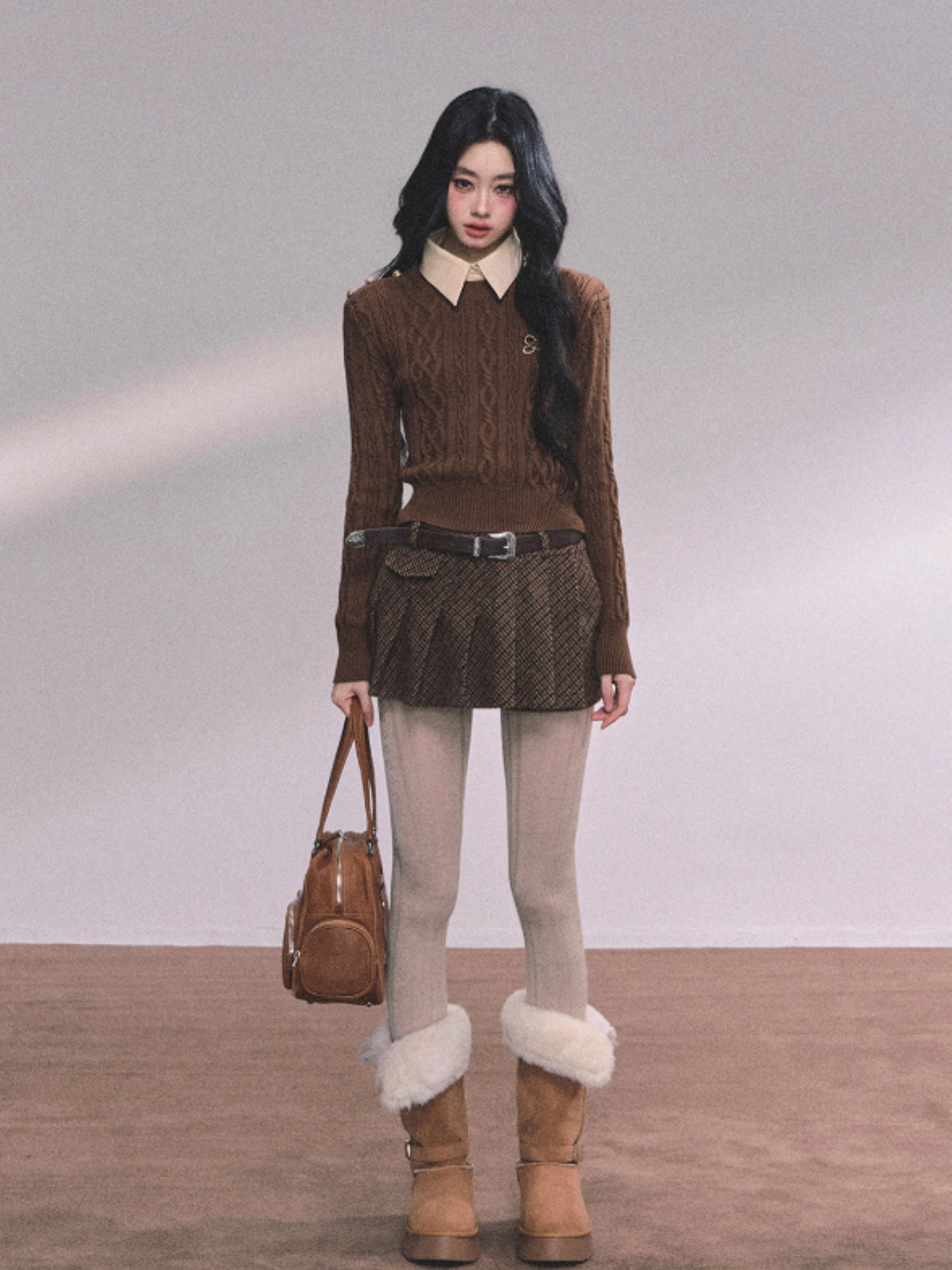 少也眼 Elegant Aesthetic Faux Two-Piece Long Sleeve Knit Sweater