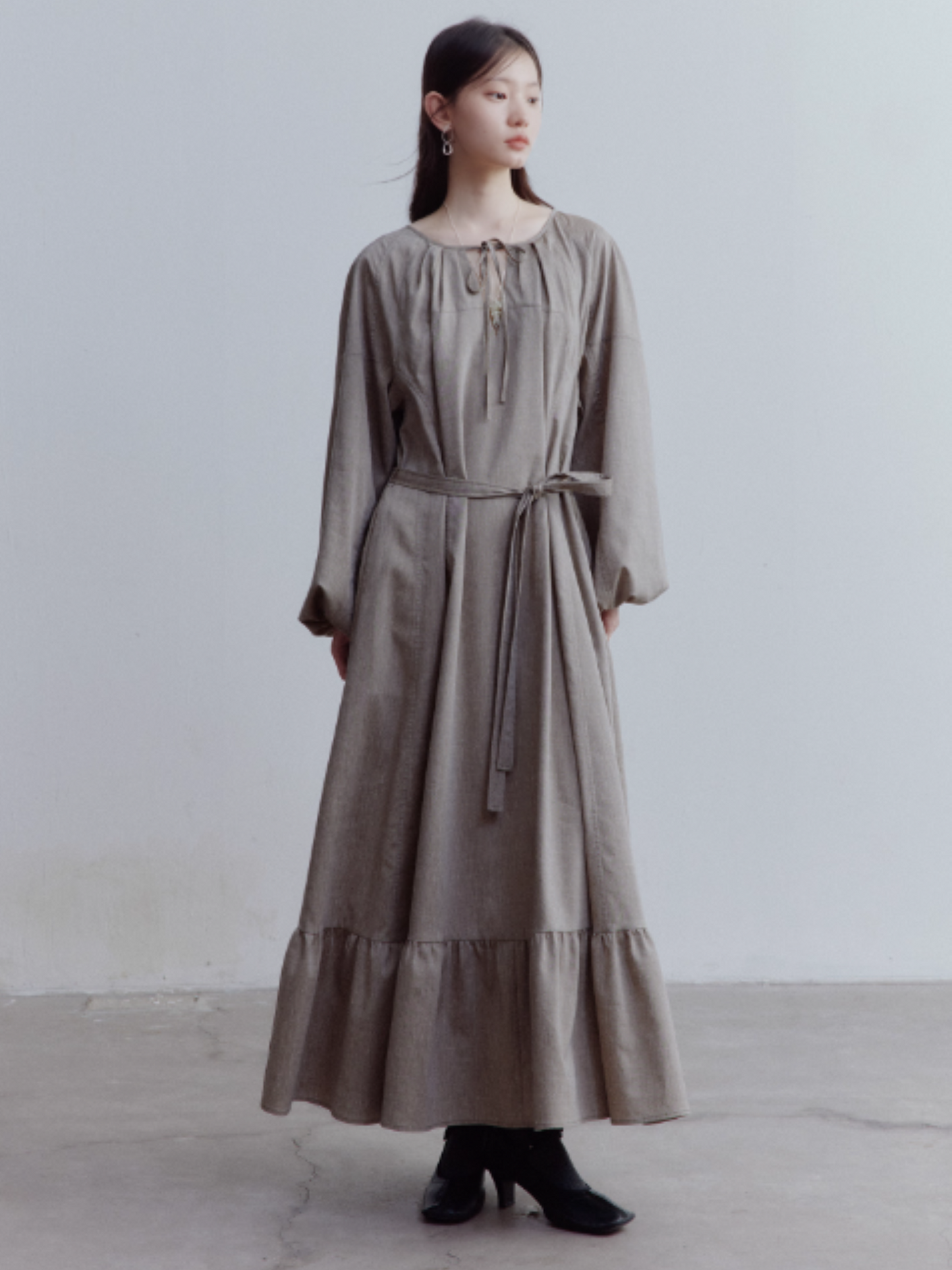 FUSSED Misty Forest Flowy Linen Blend Dress – Gray-Brown Green FOF-25SS135