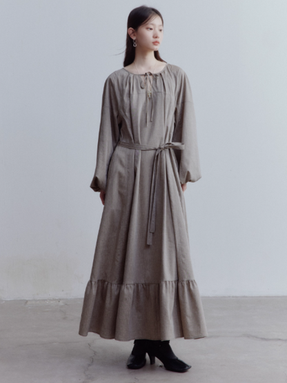 FUSSED Misty Forest Flowy Linen Blend Dress – Gray-Brown Green FOF-25SS135