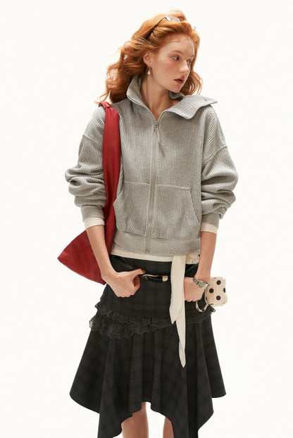 MAMC - Gray Textured Knit Cropped Jacket with Adjustable Snap Collar