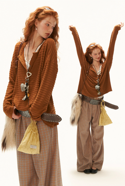 MAMC - Brown Textured Sheer Henley Long Sleeve Top