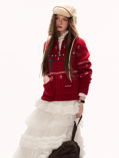 MAMC - Cozy Snowflake Bunny Knit Cardigan – Red WE873