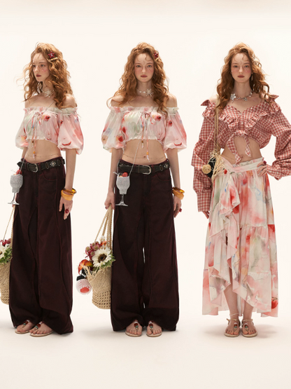 "Watercolor Fruit Mood" Off-Shoulder Top & Ruffle Skirt Set WE945