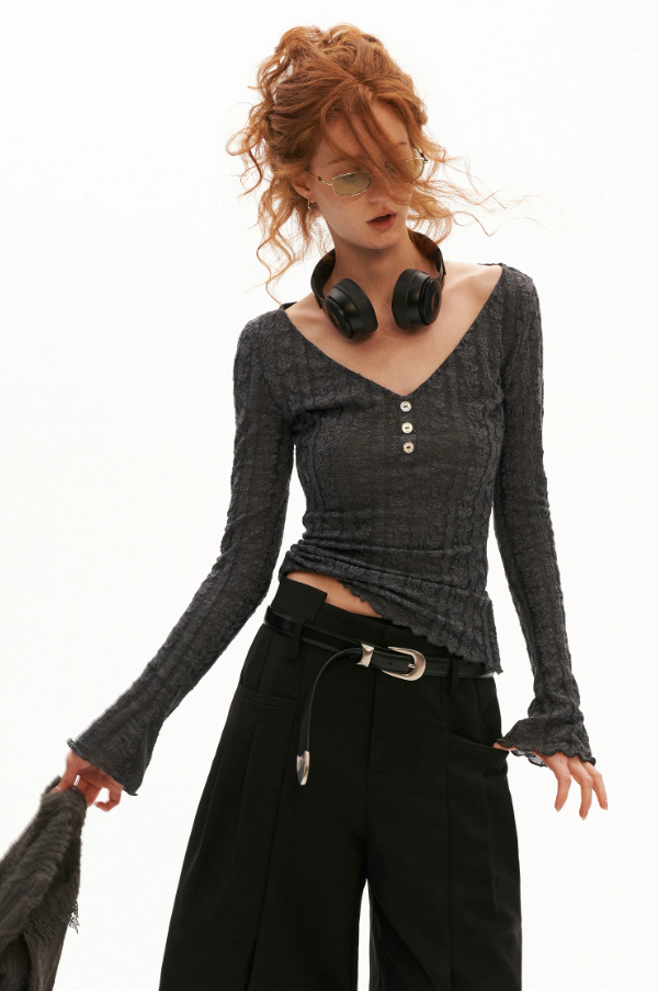 MAMC - Gray Wool-Blend Floral Lace V-Neck Top