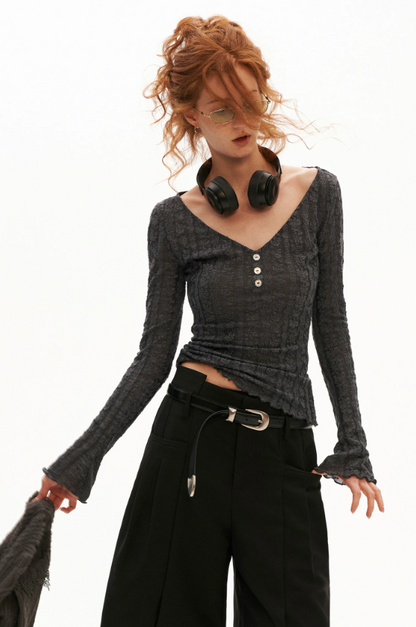 MAMC - Gray Wool-Blend Floral Lace V-Neck Top