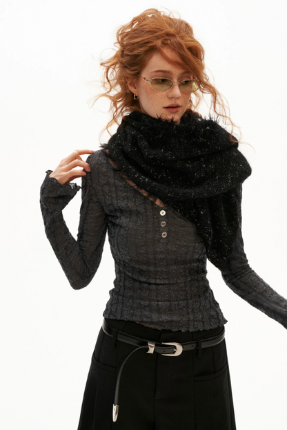 MAMC - Gray Wool-Blend Floral Lace V-Neck Top