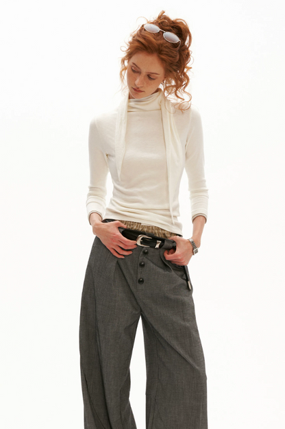 MAMC - Soft Wrap-Tie Fitted Long-Sleeve Top (Red / Black / White / Gray)