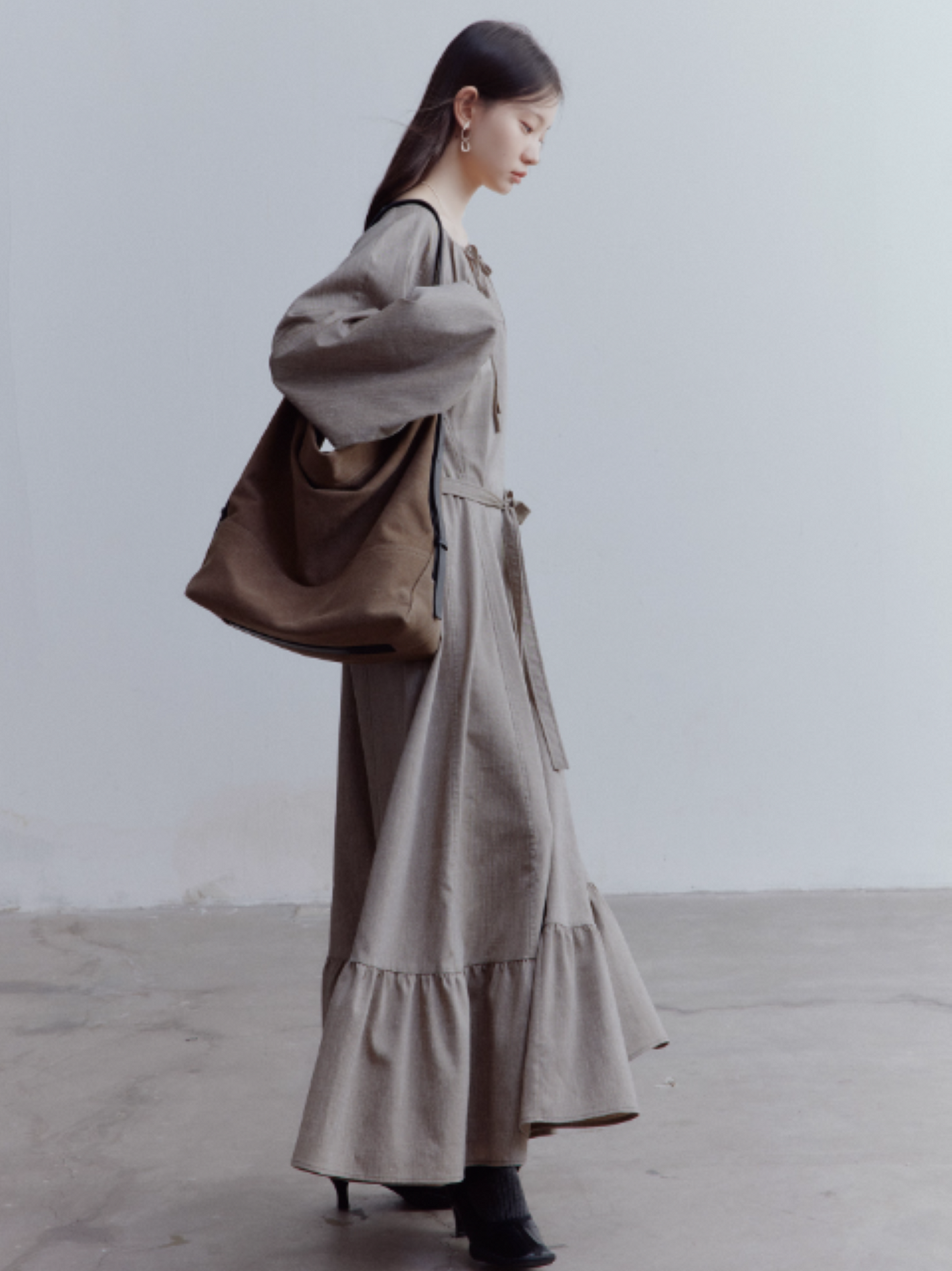 FUSSED Misty Forest Flowy Linen Blend Dress – Gray-Brown Green FOF-25SS135