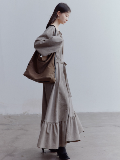 FUSSED Misty Forest Flowy Linen Blend Dress – Gray-Brown Green FOF-25SS135