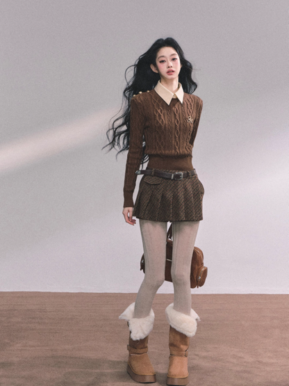 少也眼 Elegant Aesthetic Faux Two-Piece Long Sleeve Knit Sweater