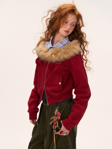 MAMC - Asymmetrical Shoulder Detachable Fur Collar Floral Jacket WE762 - RED