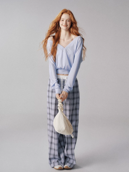 "水波温柔" V-Neck Batwing Sleeve Knit Cardigan Set (Blue)