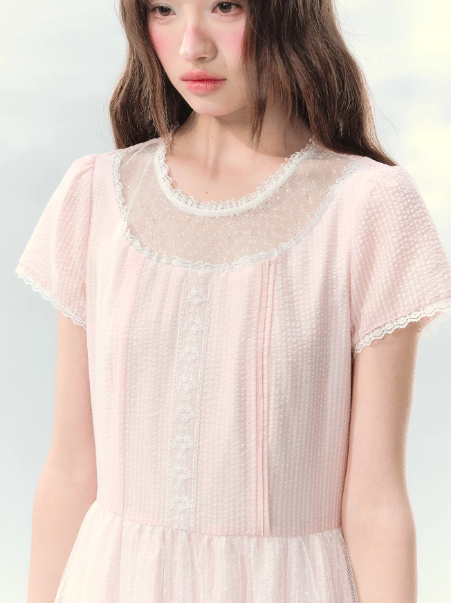 “Peach Bubble Romance” Pink Polka Dot Lace Midi Dress