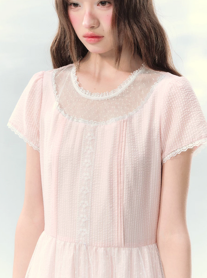 “Peach Bubble Romance” Pink Polka Dot Lace Midi Dress