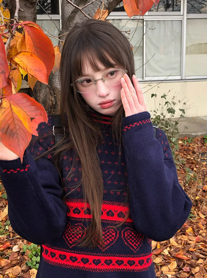 Zzouu - Cozy Dark Blue Heart Pullover Sweater