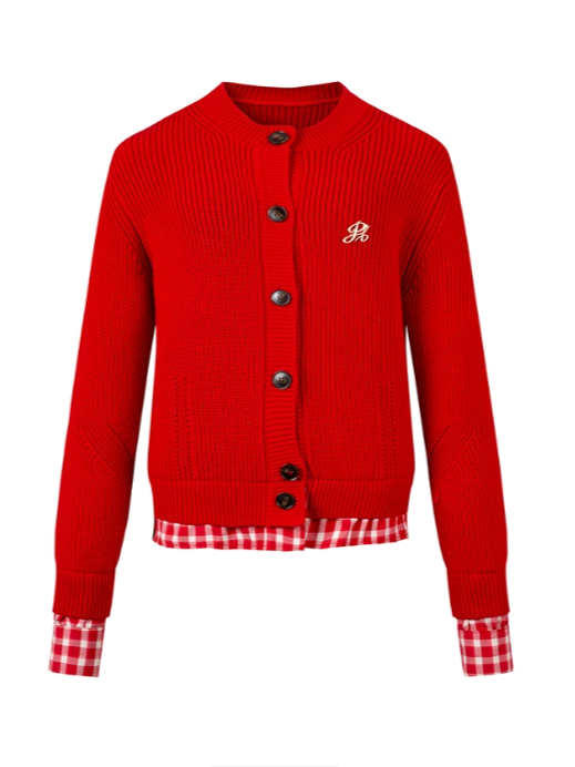 PCH - Tri-Color Layered Knit Cardigan with Contrast Panels (Red)