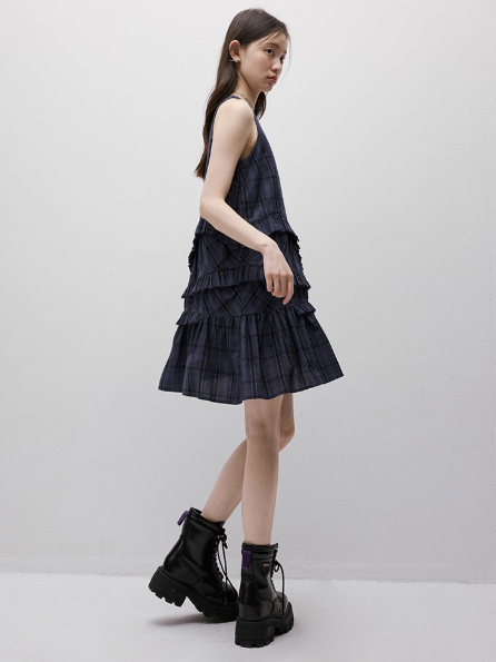 FUSSED Asymmetric Ruffle Plaid Dress – Midnight Blue FOF-25SS026