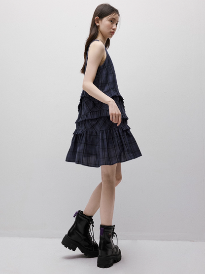 FUSSED Asymmetric Ruffle Plaid Dress – Midnight Blue FOF-25SS026
