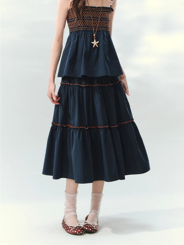 “Bohemian Travel Notes” Navy Beaded Cami & Tiered Maxi Skirt Set