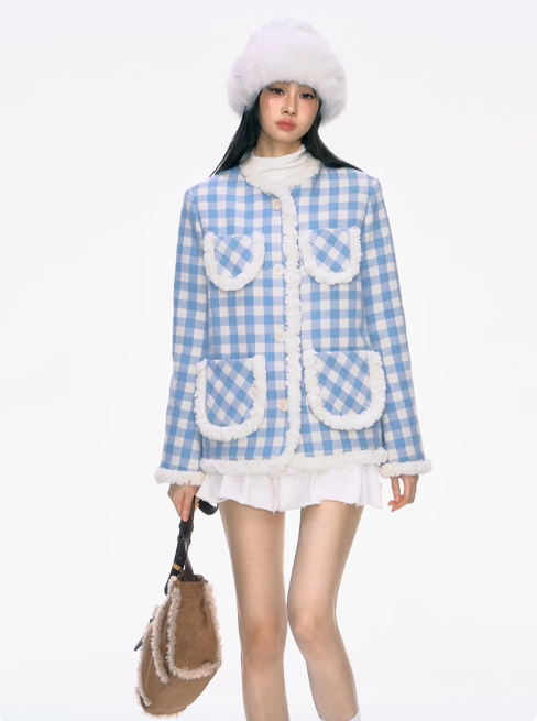 PCH - Chanel-Inspired Blue Tweed Wool-Blend Coat