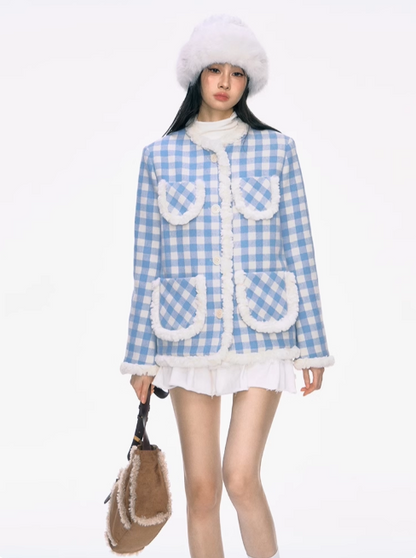 PCH - Chanel-Inspired Blue Tweed Wool-Blend Coat