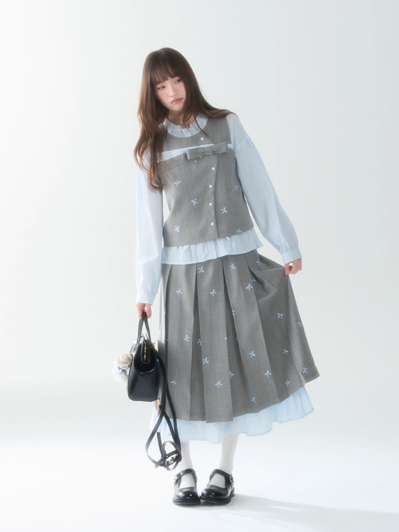 罐头士多所 - "Blue Whisper" Bow-Tie Vest Top & Pleated Skirt Set