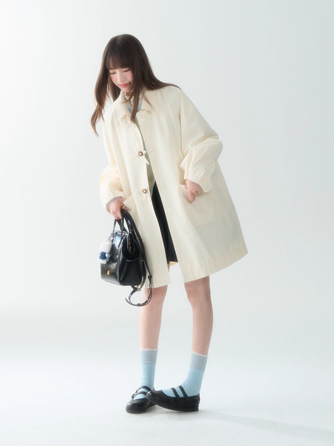 罐头士多所 - Minimal Beige Bow Detail Trench Coat – Puff Sleeve Fall Outerwear