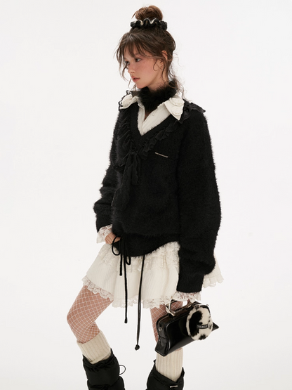 MAMC - V-Neck Ruffle Ribbon Knit Sweater