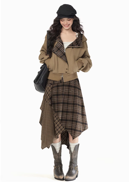 EPTISON - Y2K Plaid Patchwork Hooded Jacket