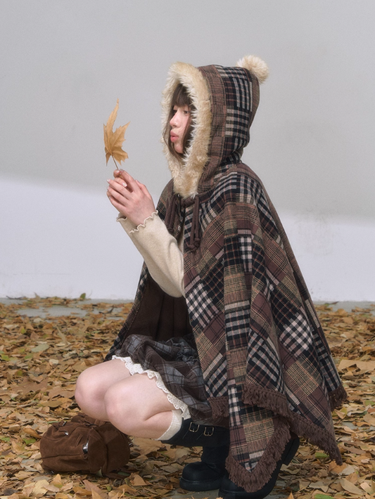 罐头士多所 - Plaid or Brown Hooded Poncho Cape Jacket with Tassels (Chocolate Brown)
