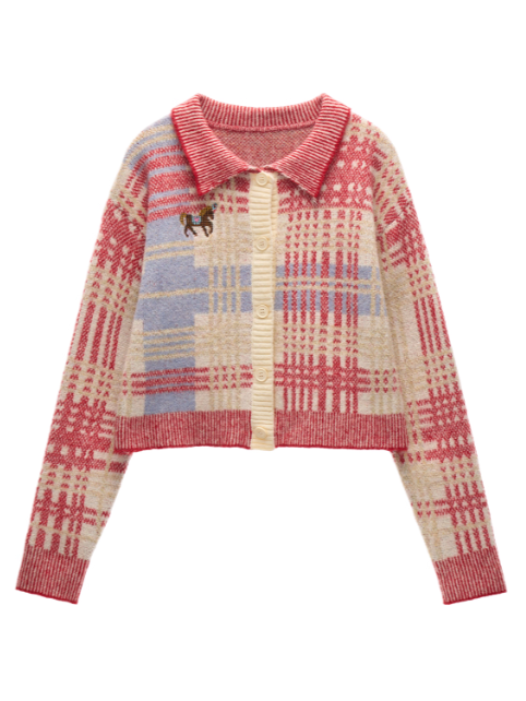 MAMC - Red Plaid Merino Wool Knit Cardigan WE831