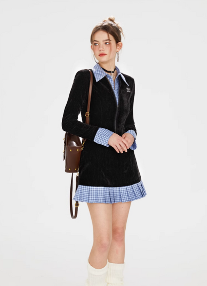 Contrast Color Stitching Pleated Velvet Dress