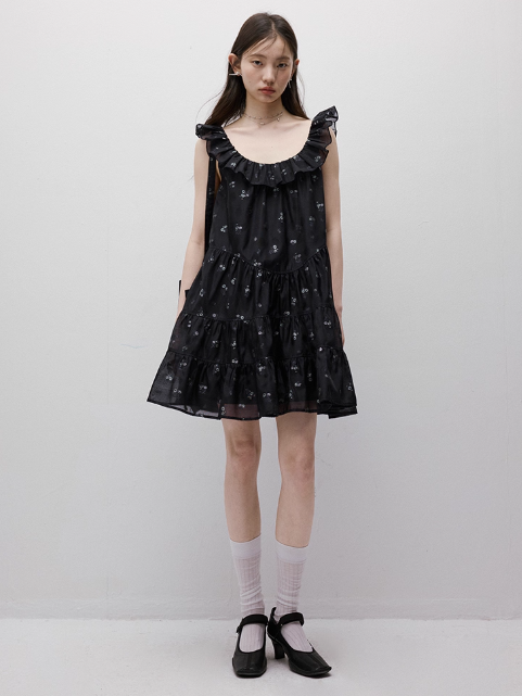 FUSSED Dropping Flora Burnout Floral Babydoll Dress – Dark Blue Short Version FOF-25SS036b