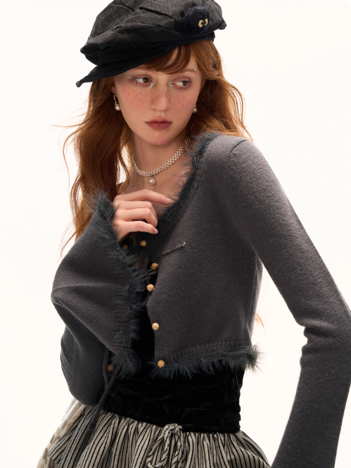 MAMC - Cropped Fuzzy-Trim Knit Cardigan