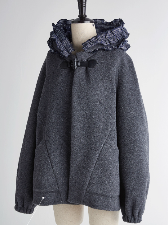 FUSSED Strange Circus Wool Hooded Ruffle-Trim Coat in Deep Heather Grey FOF-25SS137
