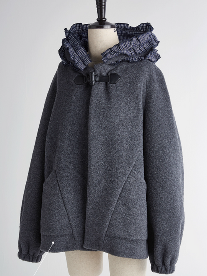 FUSSED Strange Circus Wool Hooded Ruffle-Trim Coat in Deep Heather Grey FOF-25SS137